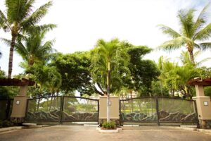 Gated entrance surrounded by lush palm trees.