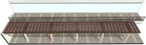 Wooden pergola structure with concrete floor.