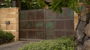 A Black Color Gate With Metal Sheet Closeup Side View