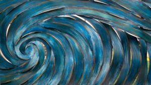 Abstract blue and silver swirling pattern resembling waves.