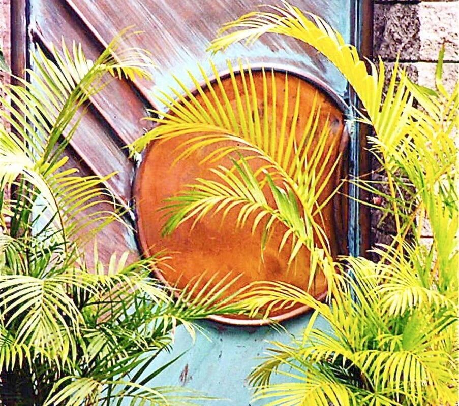 Round wooden window framed by lush green plants on a textured wall.