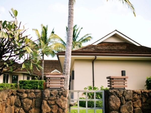 A quaint house with a stone fence and palm trees.