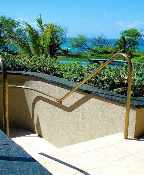 Pool ladder leading into a serene swimming pool with lush greenery and ocean view.