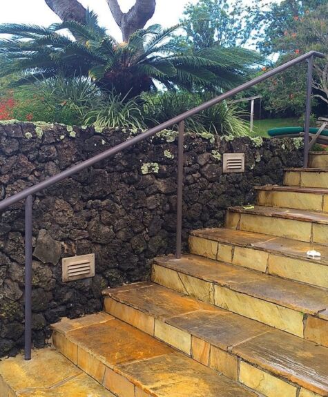 Stone stairs with a rustic metal handrail and lush greenery.