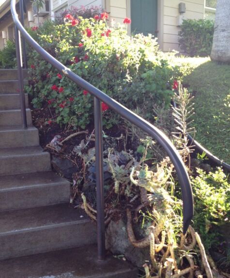 Cat perched on a stair railing surrounded by greenery.