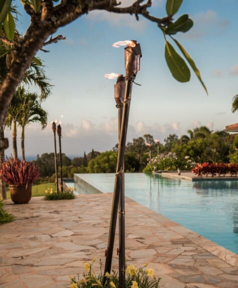 Tiki torches by a poolside with tropical plants around.