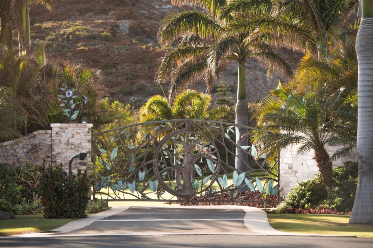 Entrance gate with palm trees and stone pillars in a tropical setting.