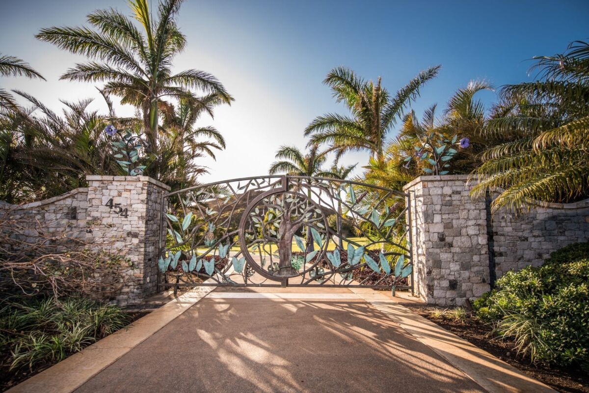 A grand entrance gate made of intertwined metal branches with palm trees on both sides.