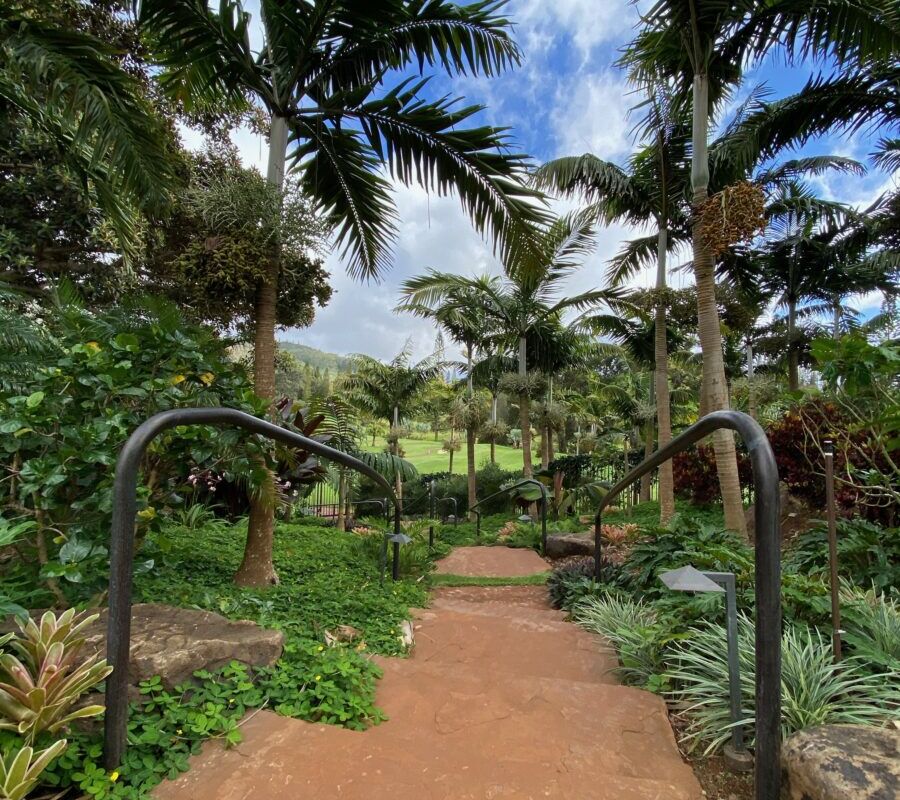 A lush garden pathway lined with palm trees under a cloudy sky.