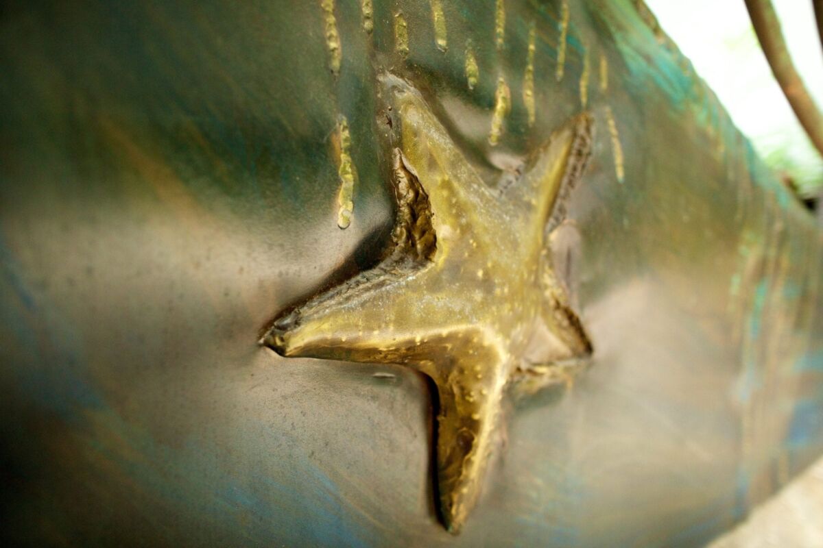 Close-up of a shiny, star-shaped metallic object on a smooth surface.