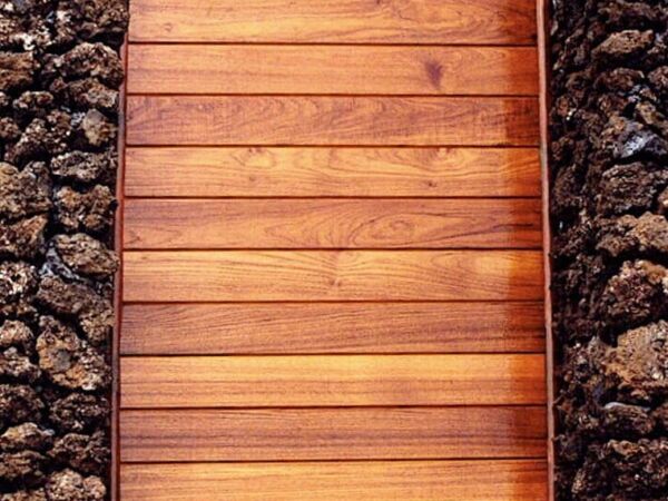 Wooden door framed by rustic stone walls.
