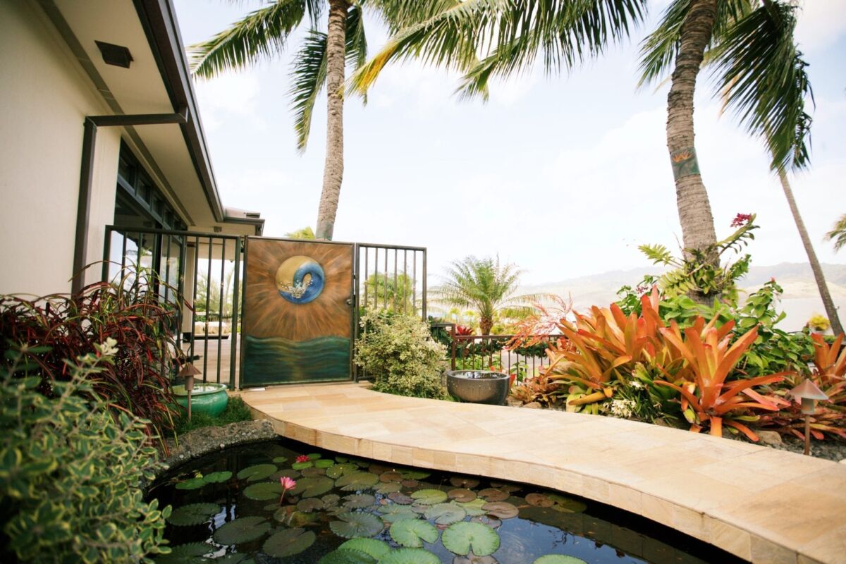 Peaceful backyard pond with lily pads and tropical plants under palm trees.