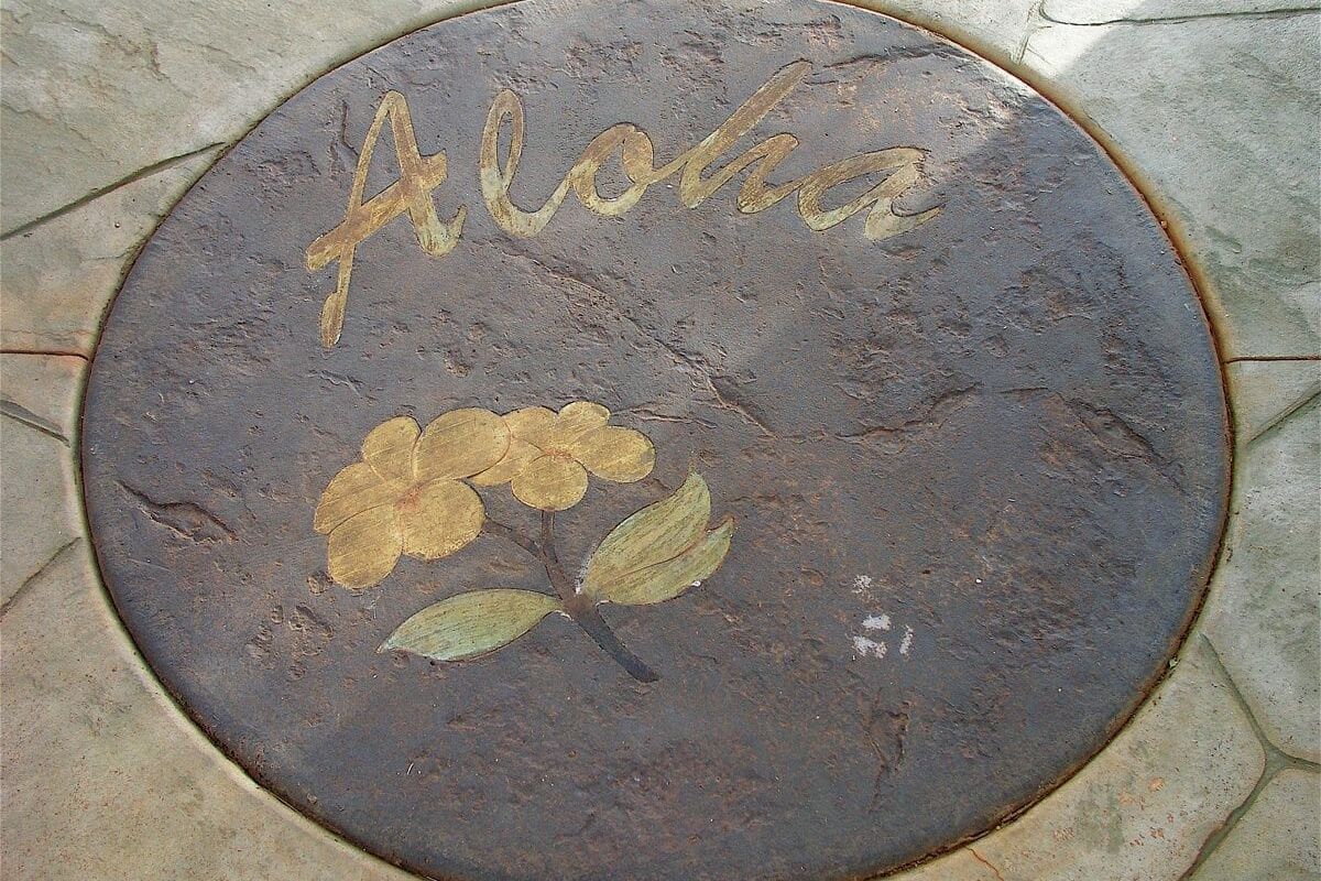 Rusty oval sign with faded floral design and the word 'Alamo'.