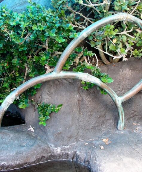 Curved metal railing in a garden setting with greenery.