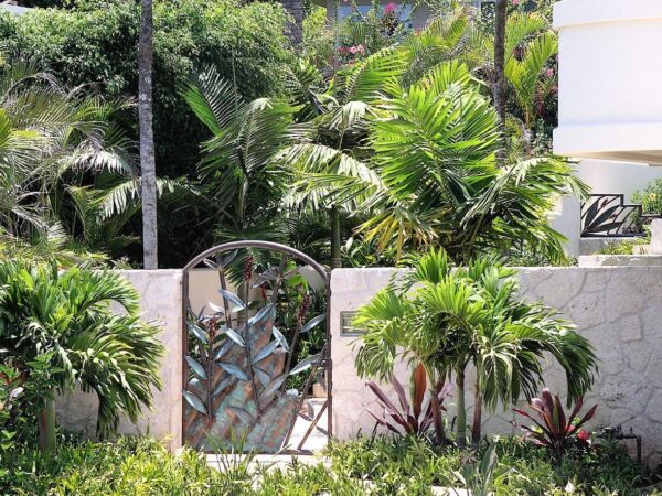 Metal gate with decorative design surrounded by lush tropical plants.