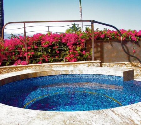 A small round pool with blue mosaic tiles surrounded by stone pavement and pink flowers.