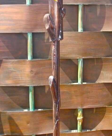 Intricately carved wooden walking stick with a curved handle.