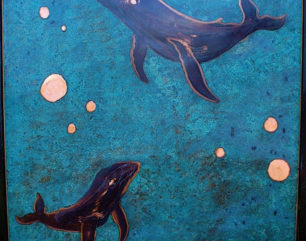 Artistic painting of two whales swimming in a deep blue ocean.