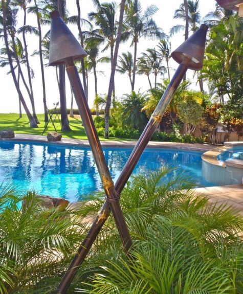 Two tiki torches crossed near a pool surrounded by palm trees.