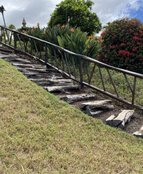 Stone steps with metal railing on a grassy slope under a blue sky.