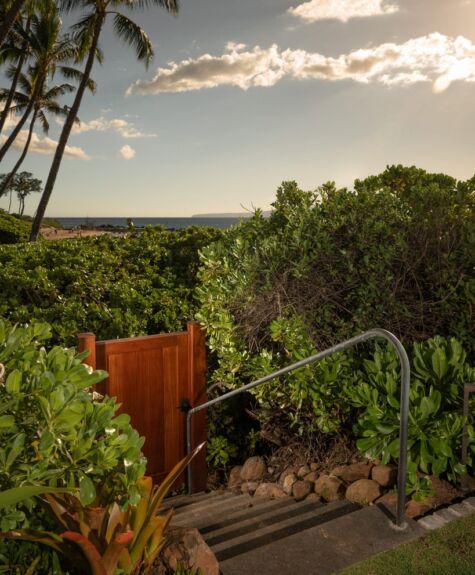 Outdoor shower surrounded by lush greenery and ocean view at sunset.