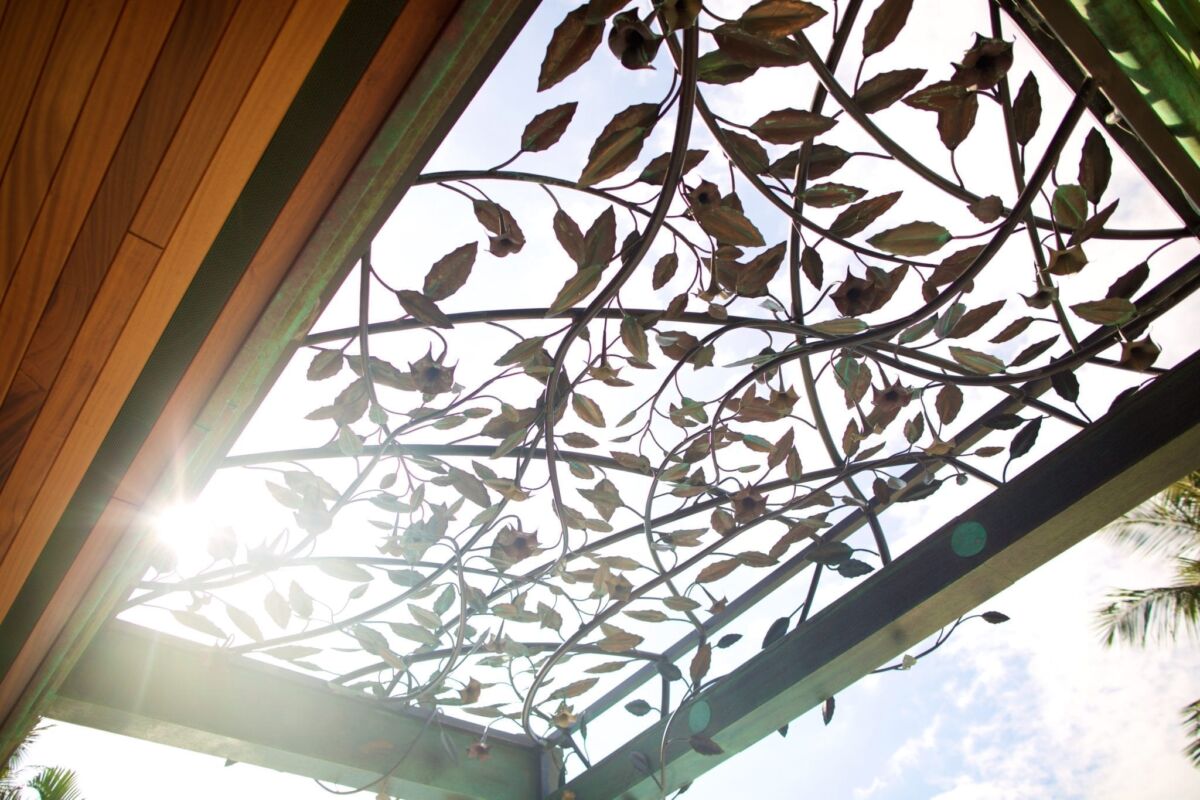 Sunlight filters through a decorative metal lattice with leaf patterns on a patio roof.