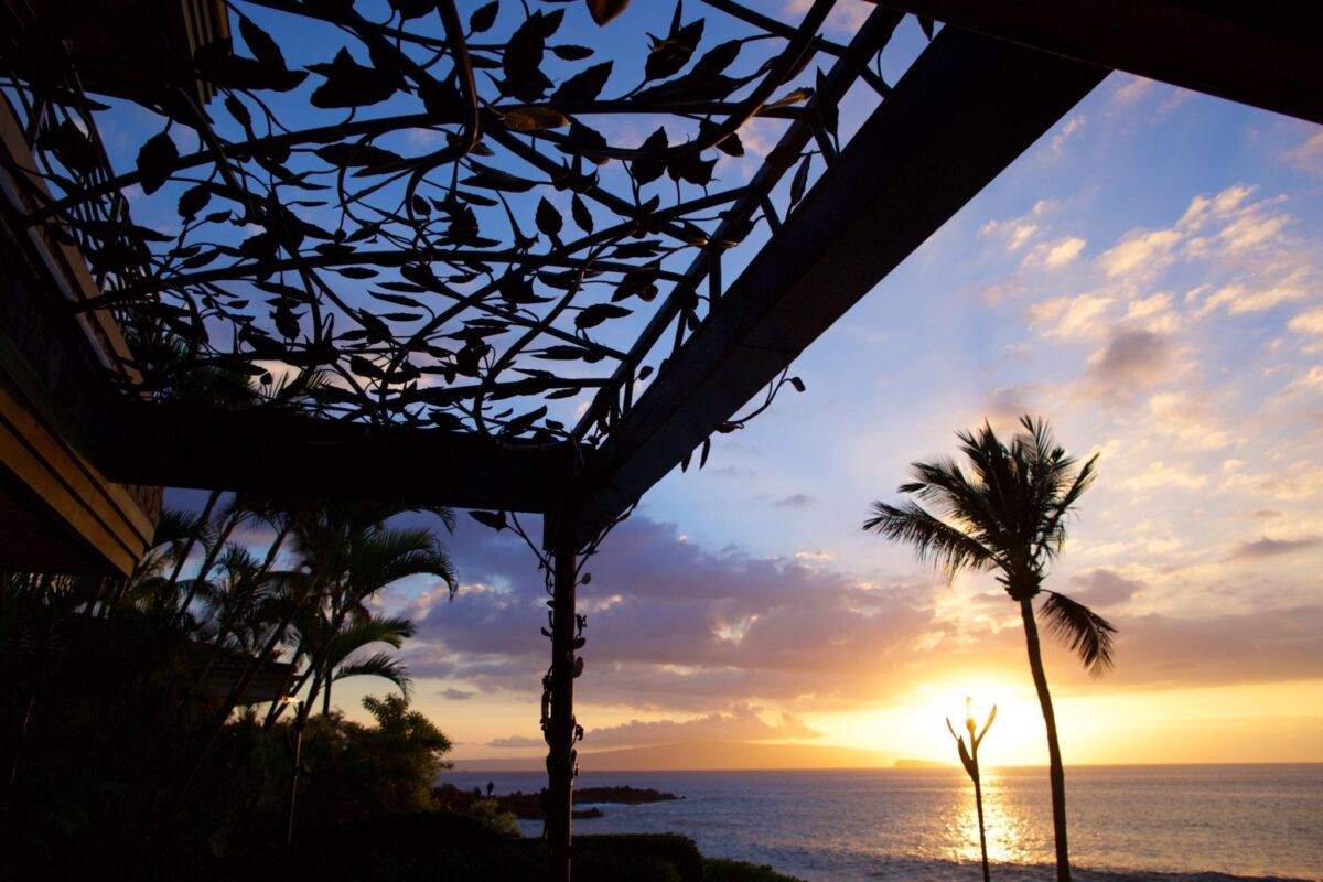 Silhouetted palm trees and intricate metalwork frame a vibrant sunset over the ocean.