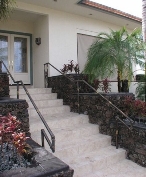 Stone staircase with black railings leading to an entrance beside tropical plants.