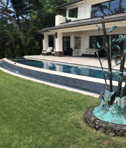 Bamboo Fire Features Modern house with a sleek pool and green lawn.