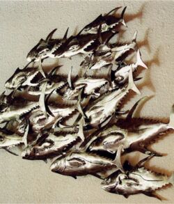 School of Yellow-fin Tuna wall hanging sculpture A school of fish swimming together in formation.