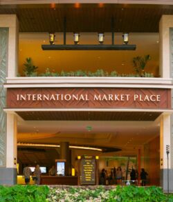 International Marketplace stainless steel fire chandelier Entrance to International Market Place with modern decor.