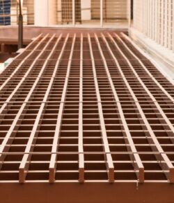Close-up of a metal grid platform or walkway.