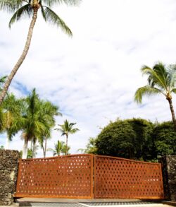 Main entrance gate Large wooden gate surrounded by palm trees under a cloudy sky.