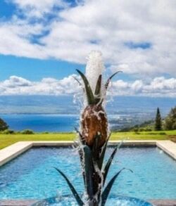 A mountain goat statue spouting water into a pool with a scenic ocean view.