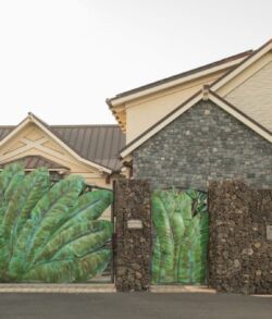 Formed and pounded copper banana leaf main entrance gate and pedestiran gate A house with a stone fence and a green palm leaf mural on the gate.