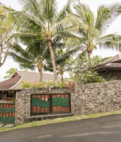 Teak wood entrance gates with copper wave overlay A tropical house with stone walls, green gates, and tall palm trees.