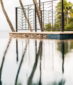 Another "disappearing" hand rail designed to not obstruct your view Poolside with palm trees reflected in calm water under the sun.