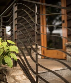 Decorative metal railing with wooden door and plants in the background.