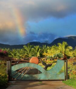 A vibrant rainbow arches over lush greenery and a decorative gate.