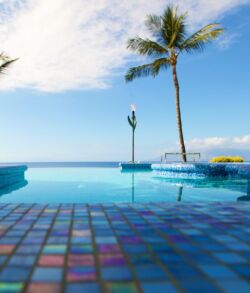 Pool side Tiki torch Infinity pool overlooking serene ocean with palm trees.