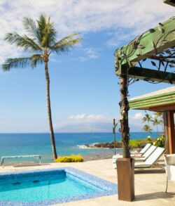 Tropical poolside with ocean view and palm tree.
