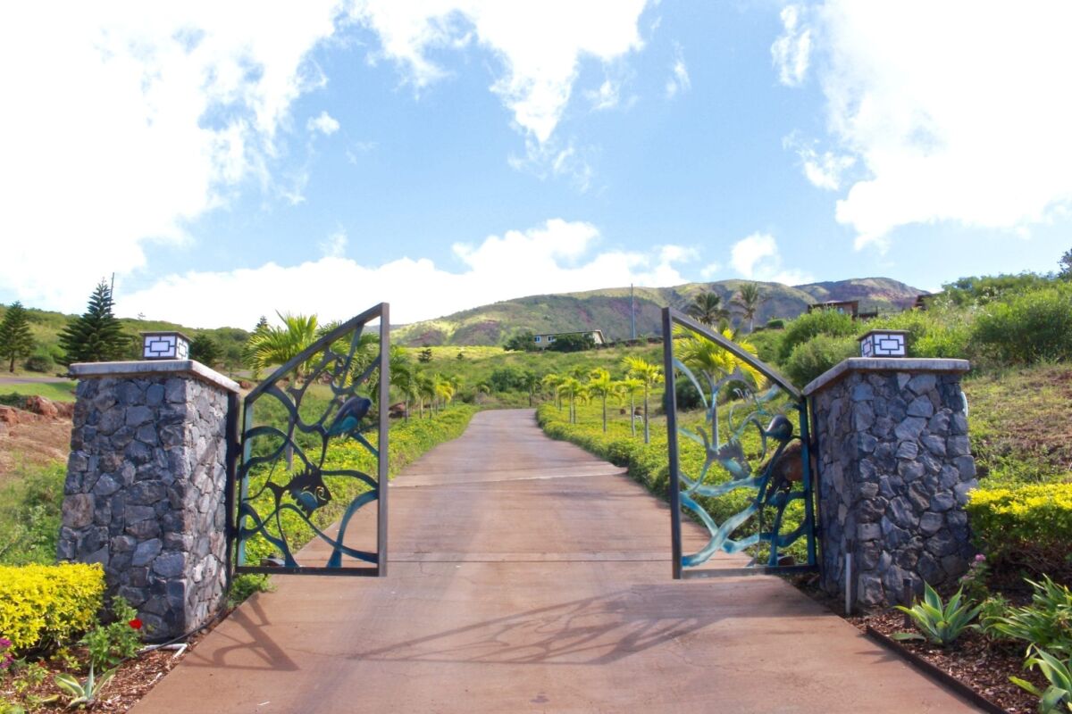 Open wrought iron gate leading to a vineyard pathway under a partly cloudy sky.