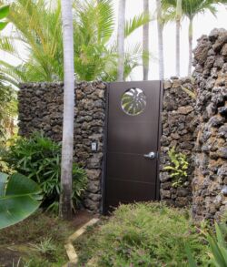 A tall metal door set in a stone wall with palm trees around it.