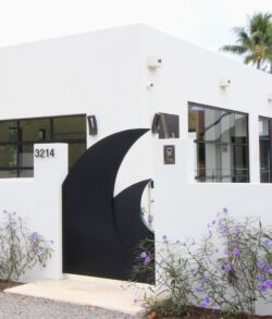 Modern white building with a black shark fin-shaped gate and lavender plants.
