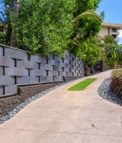 Curved concrete pathway bordered by a decorative retaining wall and lush greenery.