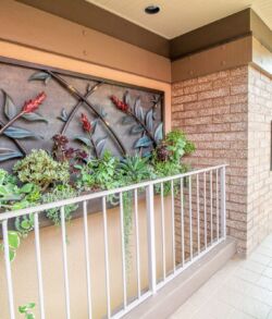 A balcony garden with various plants and decorative wall art.
