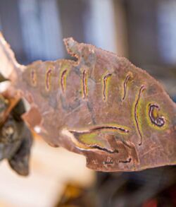 Close-up of a carved wooden fish sculpture with intricate details.