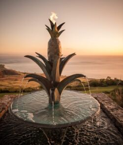 Sunset view of a pineapple-shaped water fountain by the sea.
