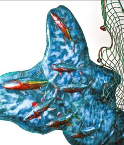 Blue ceramic hand sculpture grasping a green net.