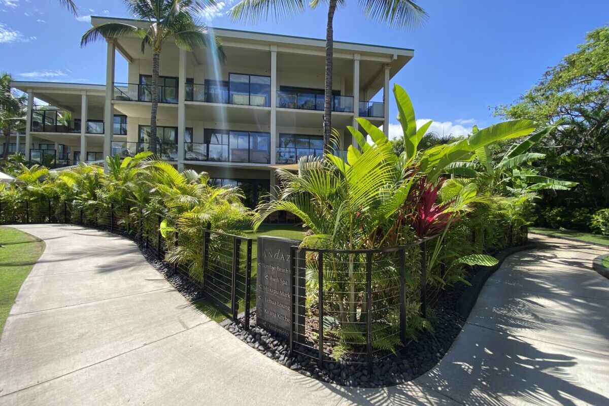 Modern building with palm trees under a clear blue sky.